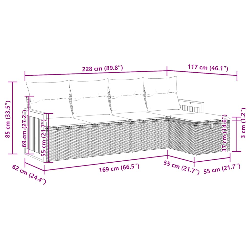 5-tlg. Garten-Sofagarnitur mit Kissen Grau Poly Rattan