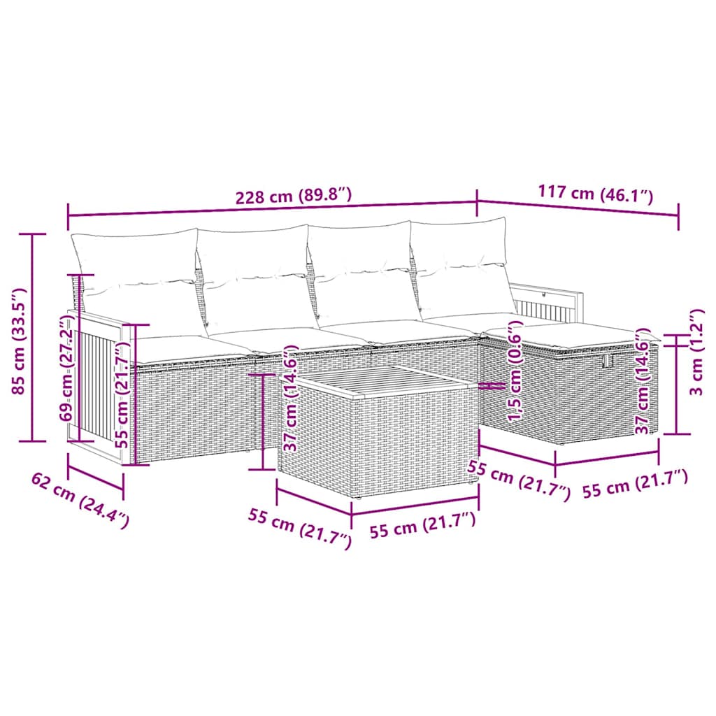 6-tlg. Garten-Sofagarnitur mit Kissen Schwarz Poly Rattan