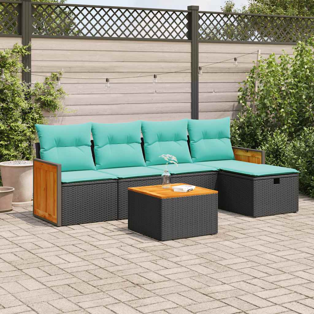 6-tlg. Garten-Sofagarnitur mit Kissen Schwarz Poly Rattan