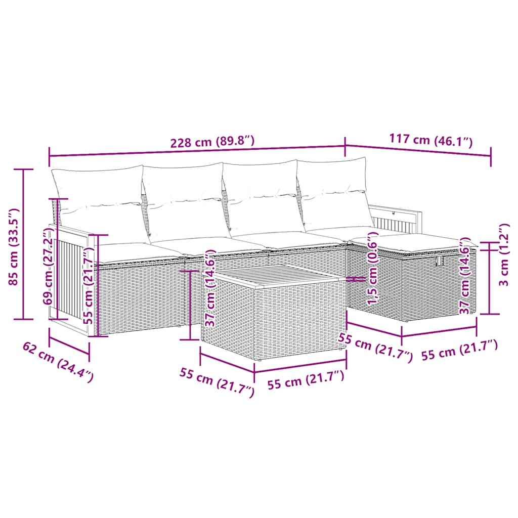 6-tlg. Garten-Sofagarnitur mit Kissen Grau Poly Rattan