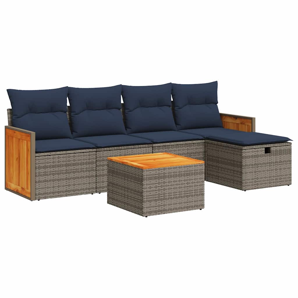 6-tlg. Garten-Sofagarnitur mit Kissen Grau Poly Rattan