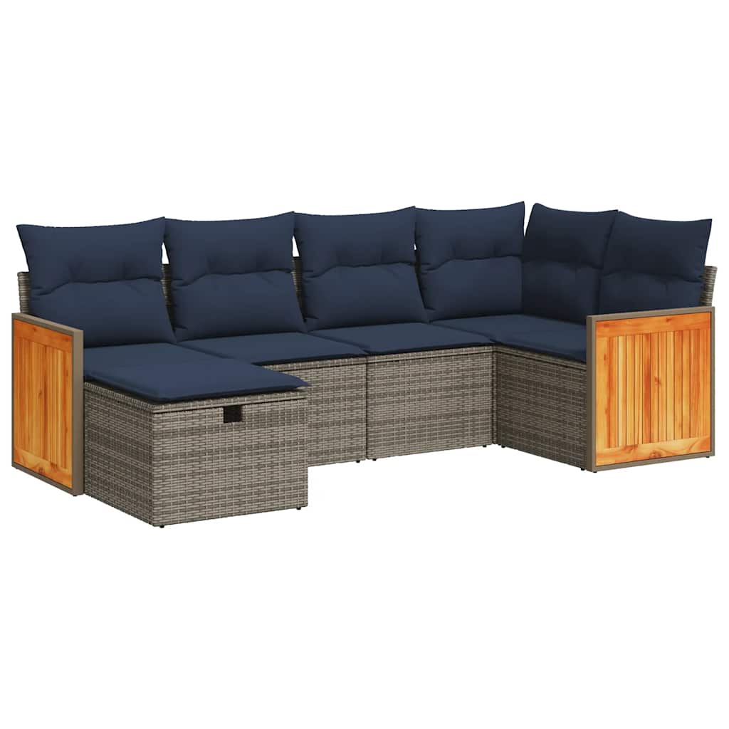 6-tlg. Garten-Sofagarnitur mit Kissen Grau Poly Rattan