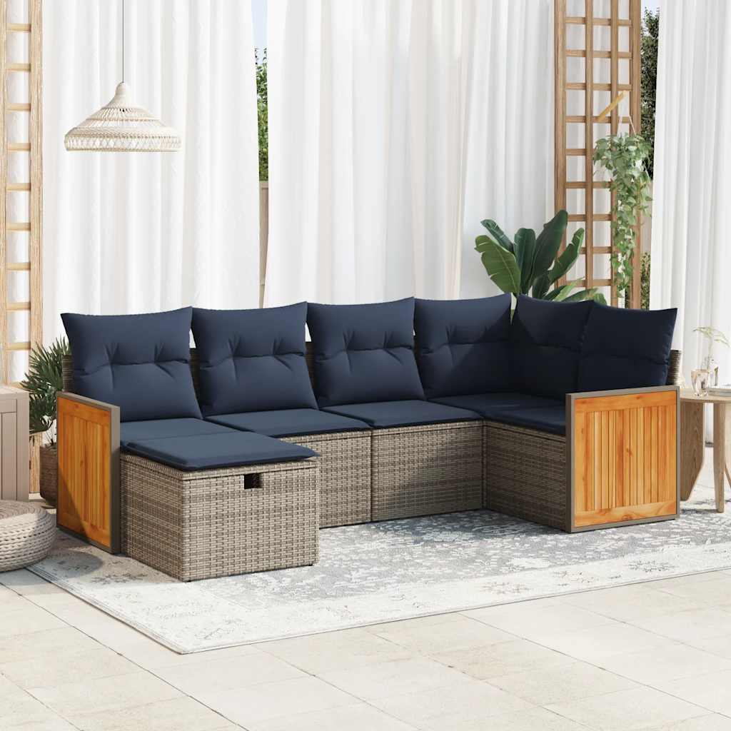 6-tlg. Garten-Sofagarnitur mit Kissen Grau Poly Rattan