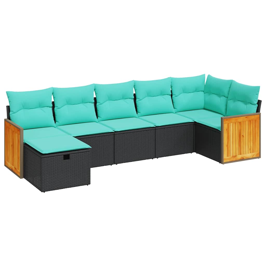 7-tlg. Garten-Sofagarnitur mit Kissen Schwarz Poly Rattan