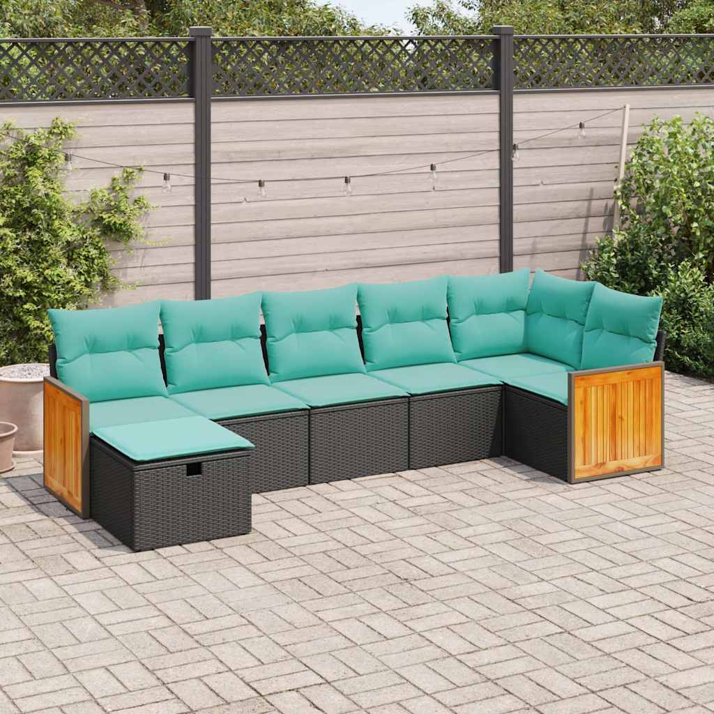 7-tlg. Garten-Sofagarnitur mit Kissen Schwarz Poly Rattan