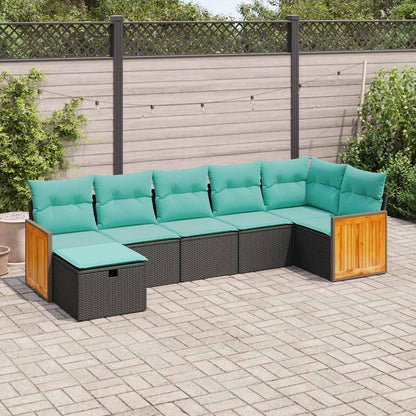 7-tlg. Garten-Sofagarnitur mit Kissen Schwarz Poly Rattan