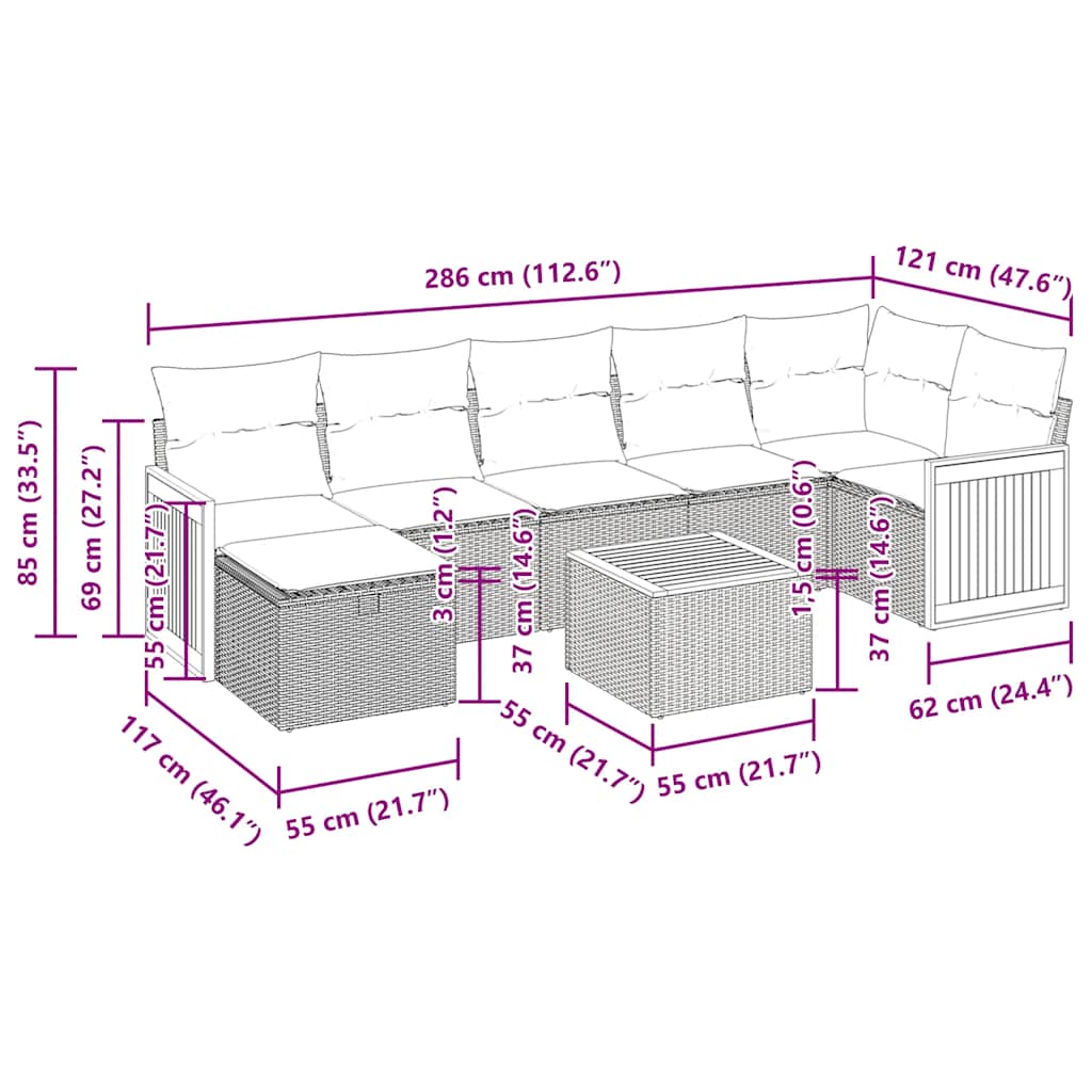 8-tlg. Garten-Sofagarnitur mit Kissen Schwarz Poly Rattan