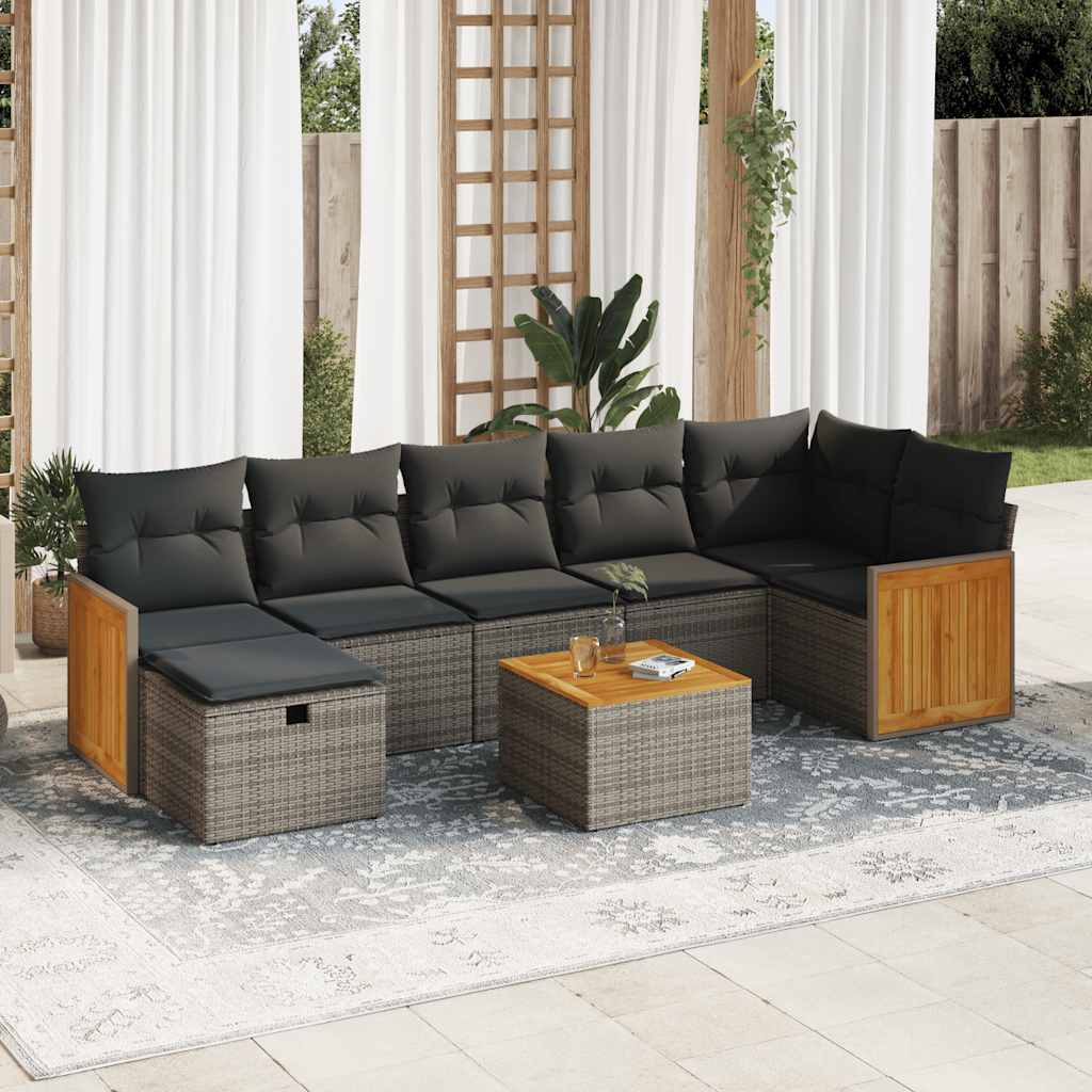 8-tlg. Garten-Sofagarnitur mit Kissen Grau Poly Rattan