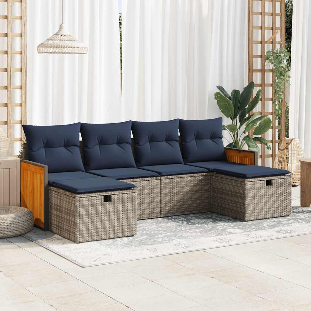 6-tlg. Garten-Sofagarnitur mit Kissen Grau Poly Rattan