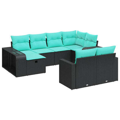 10-tlg. Garten-Sofagarnitur mit Kissen Schwarz Poly Rattan