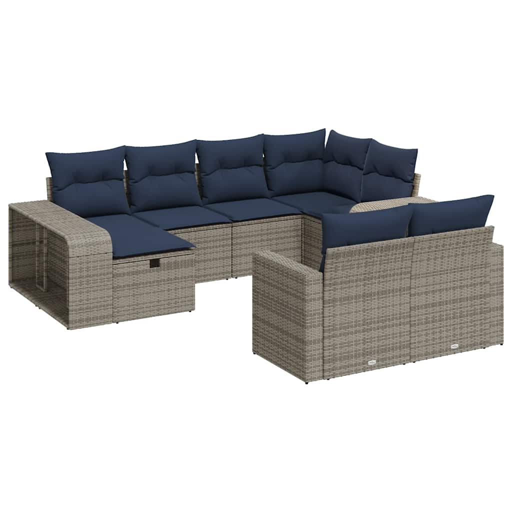 10-tlg. Garten-Sofagarnitur mit Kissen Grau Poly Rattan