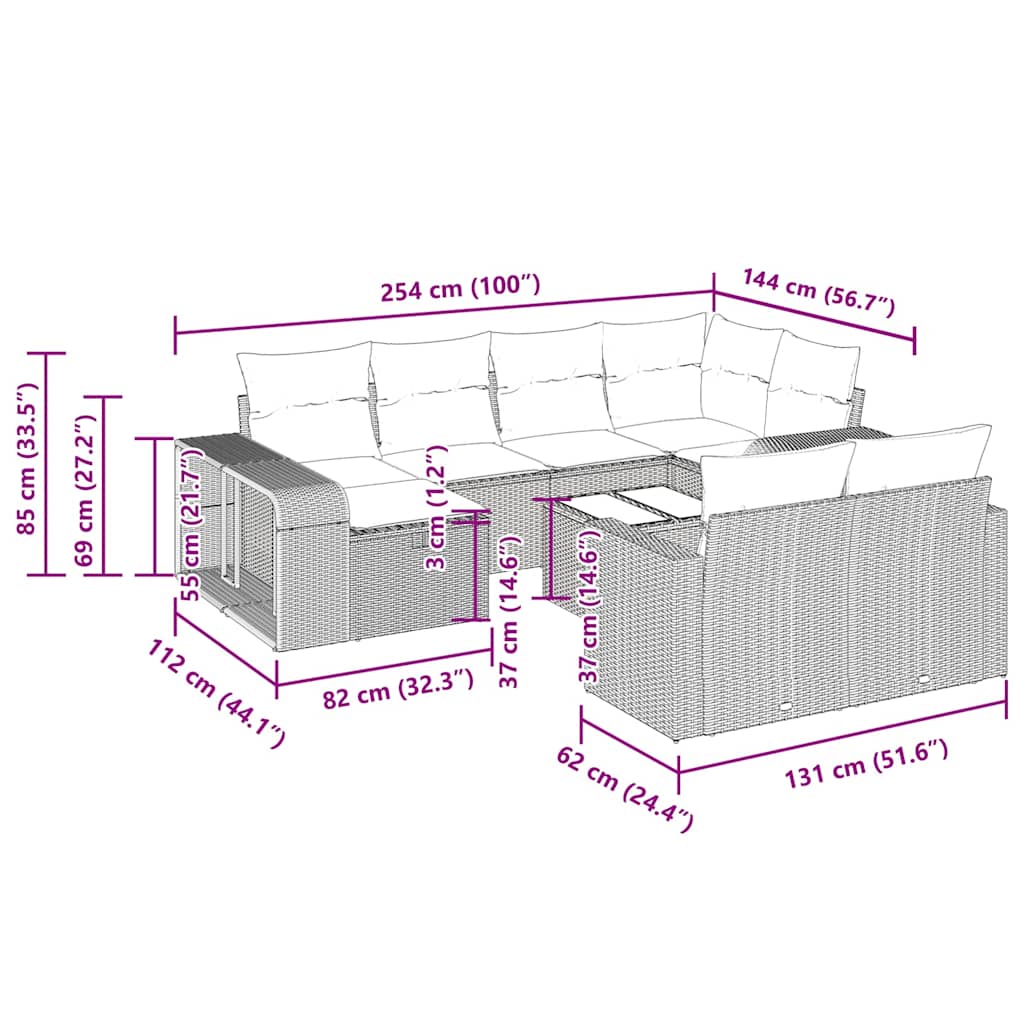 11-tlg. Garten-Sofagarnitur mit Kissen Schwarz Poly Rattan