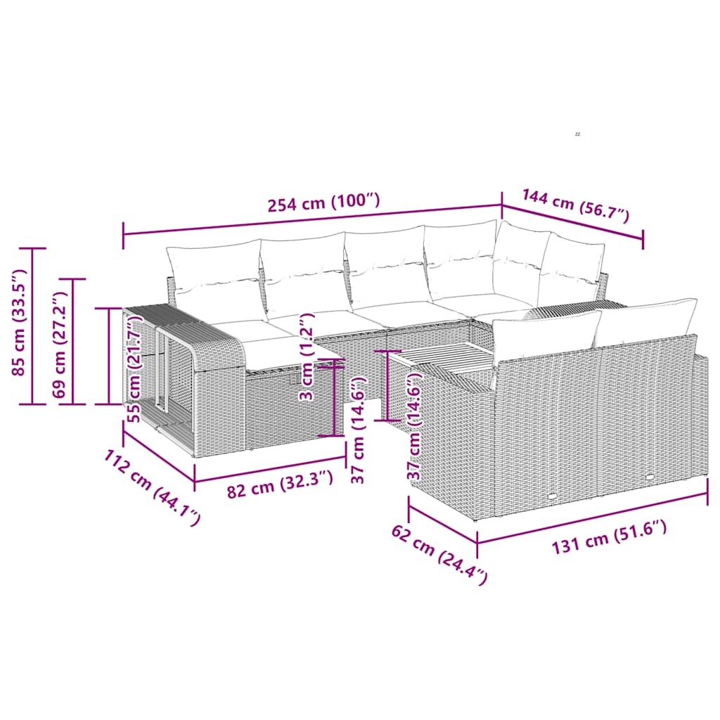 11-tlg. Garten-Sofagarnitur mit Kissen Schwarz Poly Rattan