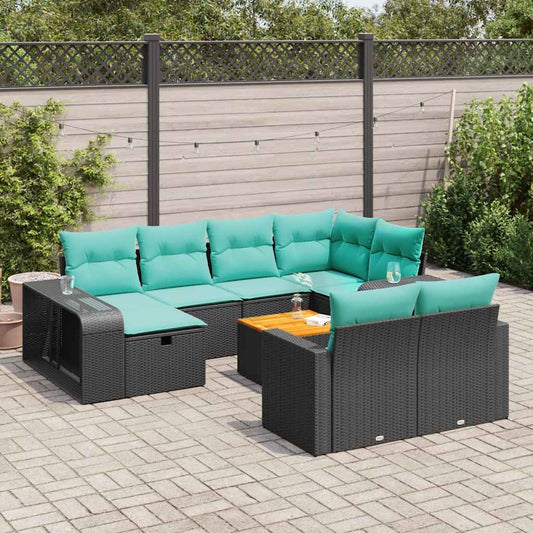 11-tlg. Garten-Sofagarnitur mit Kissen Schwarz Poly Rattan