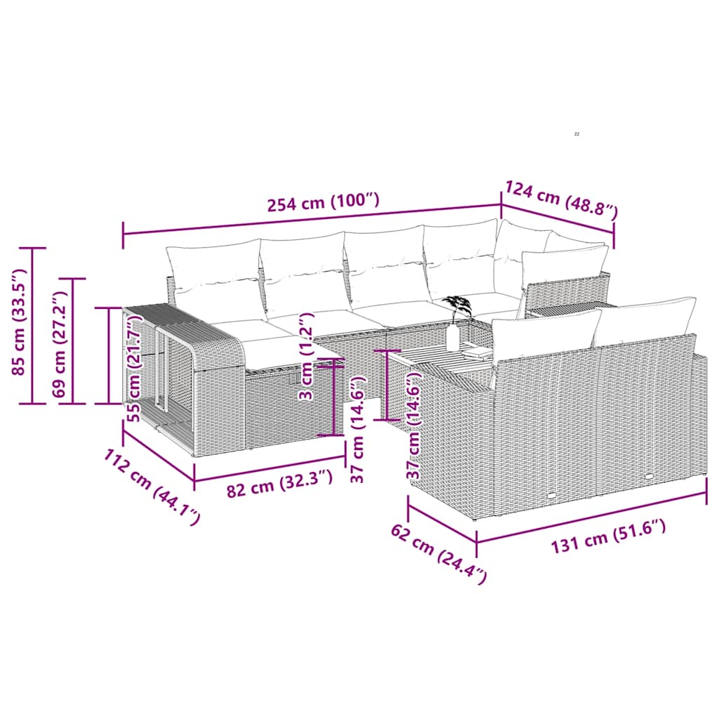 11-tlg. Garten-Sofagarnitur mit Kissen Grau Poly Rattan