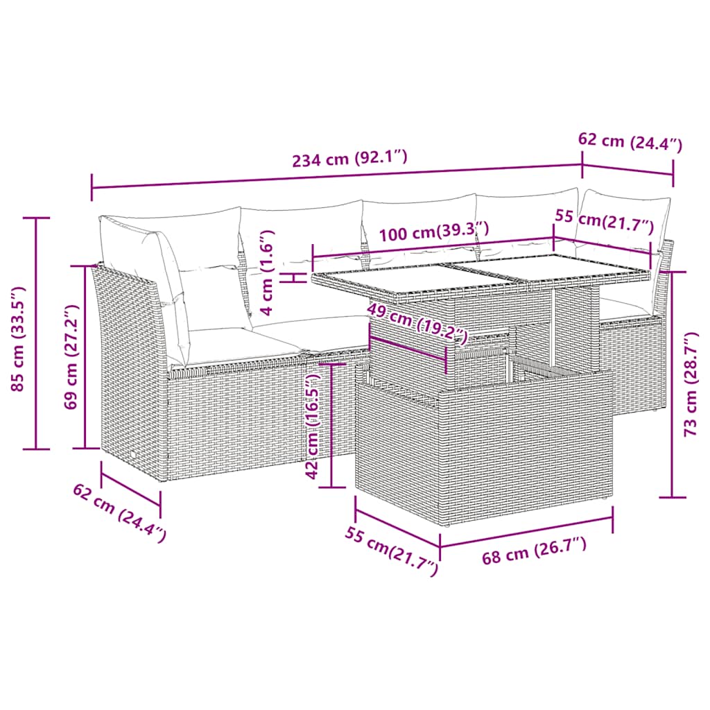 5tlg. Garten-Sofagarnitur mit Kissen Schwarz Poly Rattan Akazie