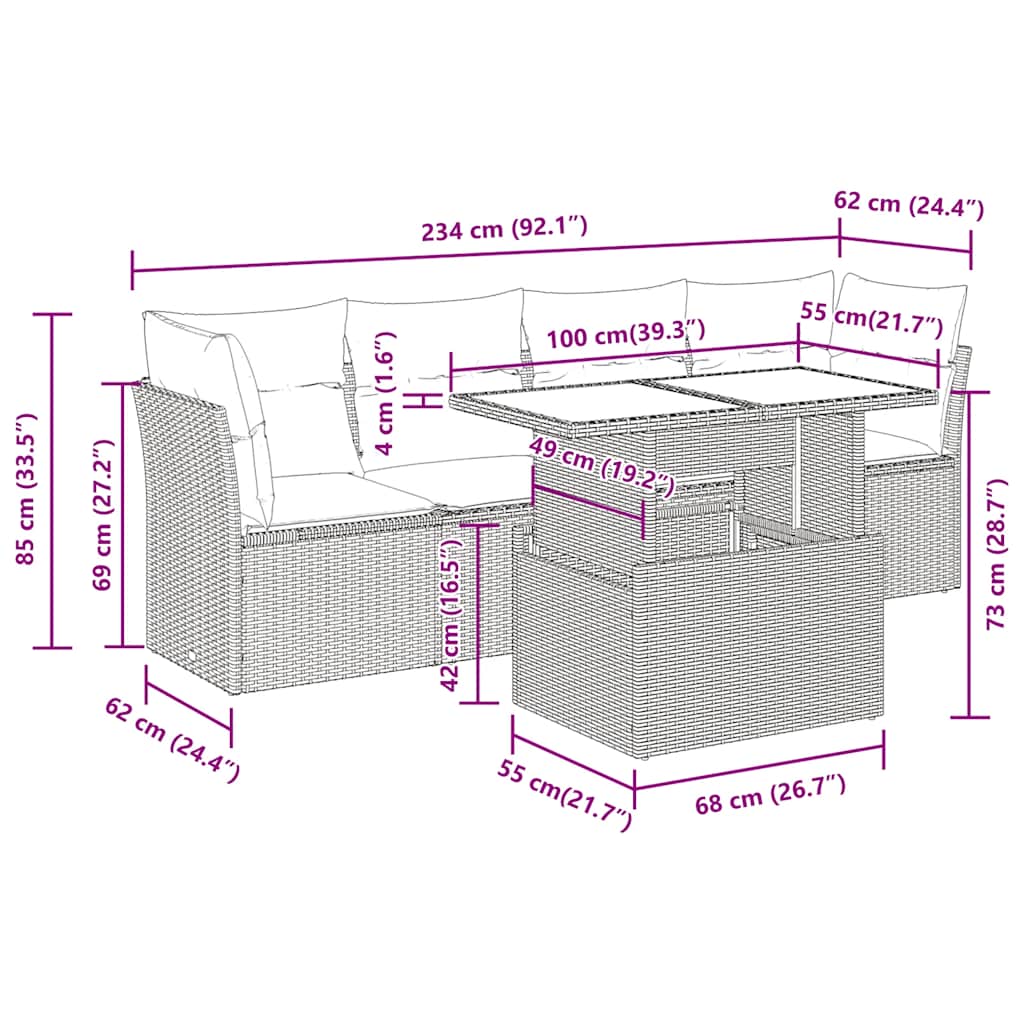 5-tlg. Garten-Sofagarnitur mit Kissen Grau Poly Rattan Akazie