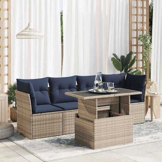 5-tlg. Garten-Sofagarnitur mit Kissen Grau Poly Rattan Akazie
