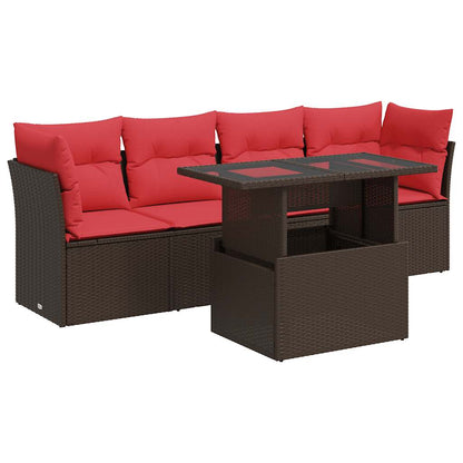 5-tlg. Garten-Sofagarnitur mit Kissen Braun Poly Rattan Akazie