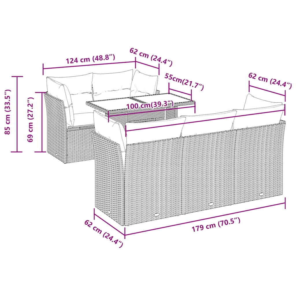 6-tlg. Garten-Sofagarnitur mit Kissen Grau Poly Rattan Akazie