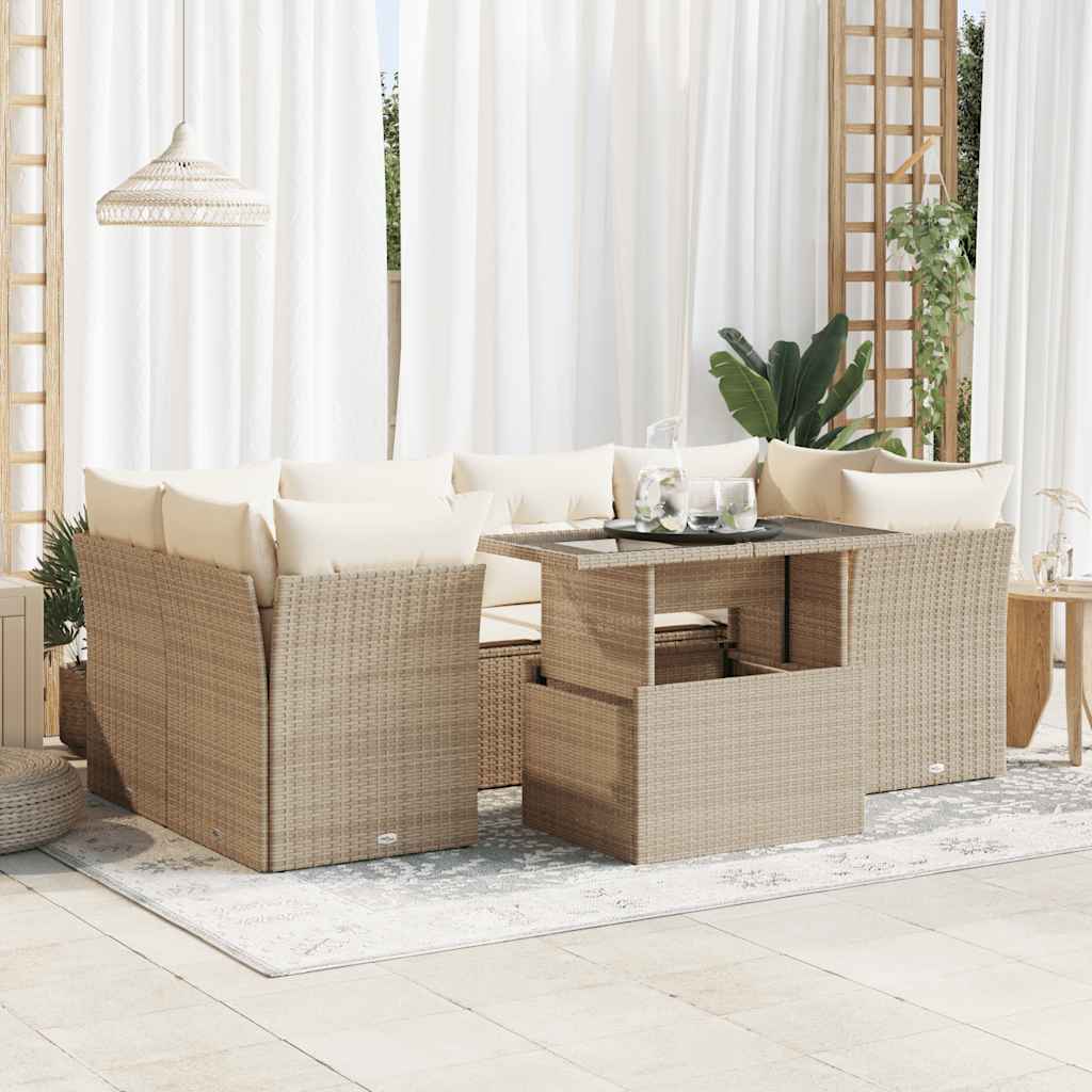 7-tlg. Garten-Sofagarnitur mit Kissen Beige Poly Rattan