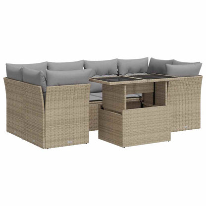 7-tlg. Garten-Sofagarnitur mit Kissen Beige Poly Rattan