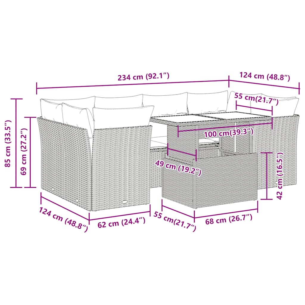 7-tlg. Garten-Sofagarnitur mit Kissen Braun Poly Rattan Akazie