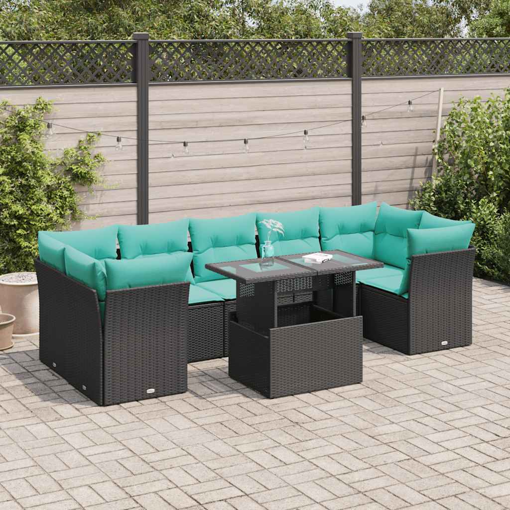 8-tlg. Garten-Sofagarnitur mit Kissen Schwarz Poly Rattan