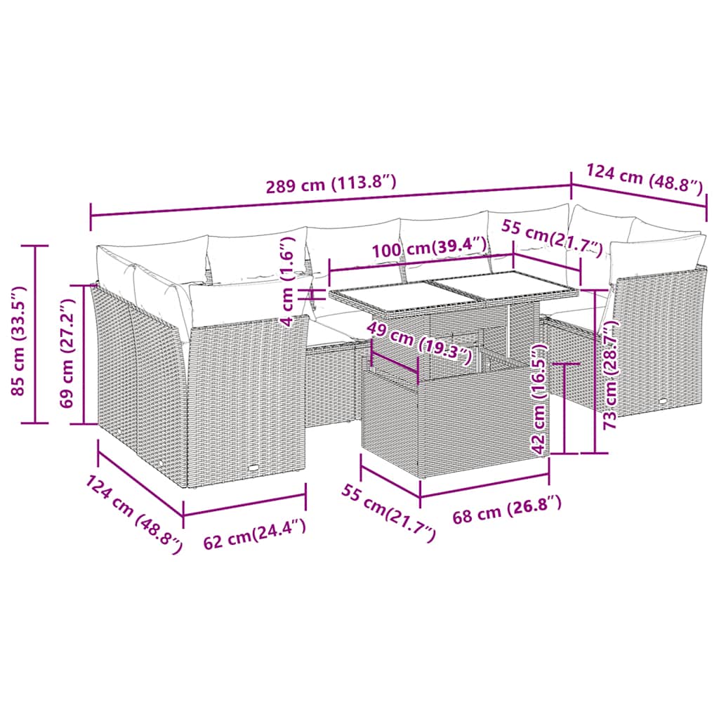 8-tlg. Garten-Sofagarnitur mit Kissen Grau Poly Rattan