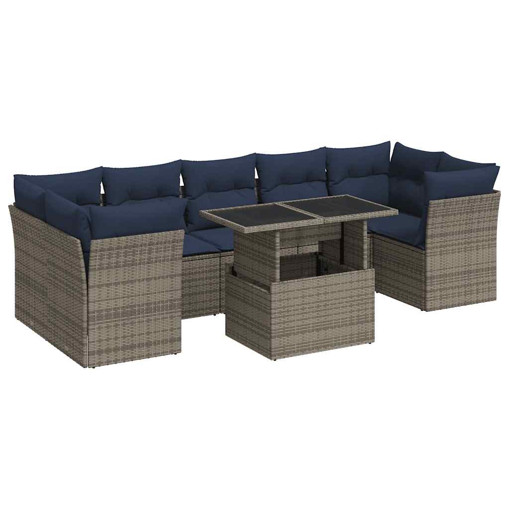 8-tlg. Garten-Sofagarnitur mit Kissen Grau Poly Rattan Akazie