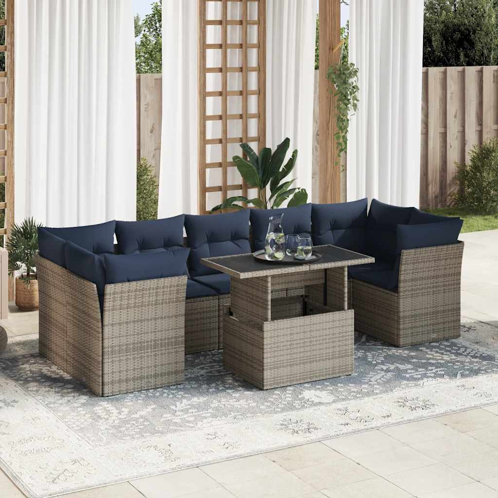 8-tlg. Garten-Sofagarnitur mit Kissen Grau Poly Rattan Akazie