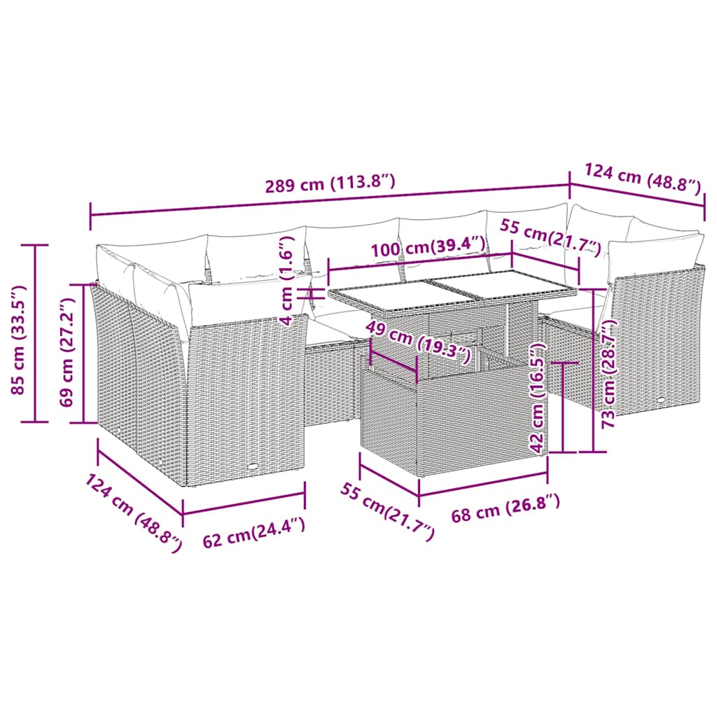 8-tlg. Garten-Sofagarnitur mit Kissen Braun Poly Rattan