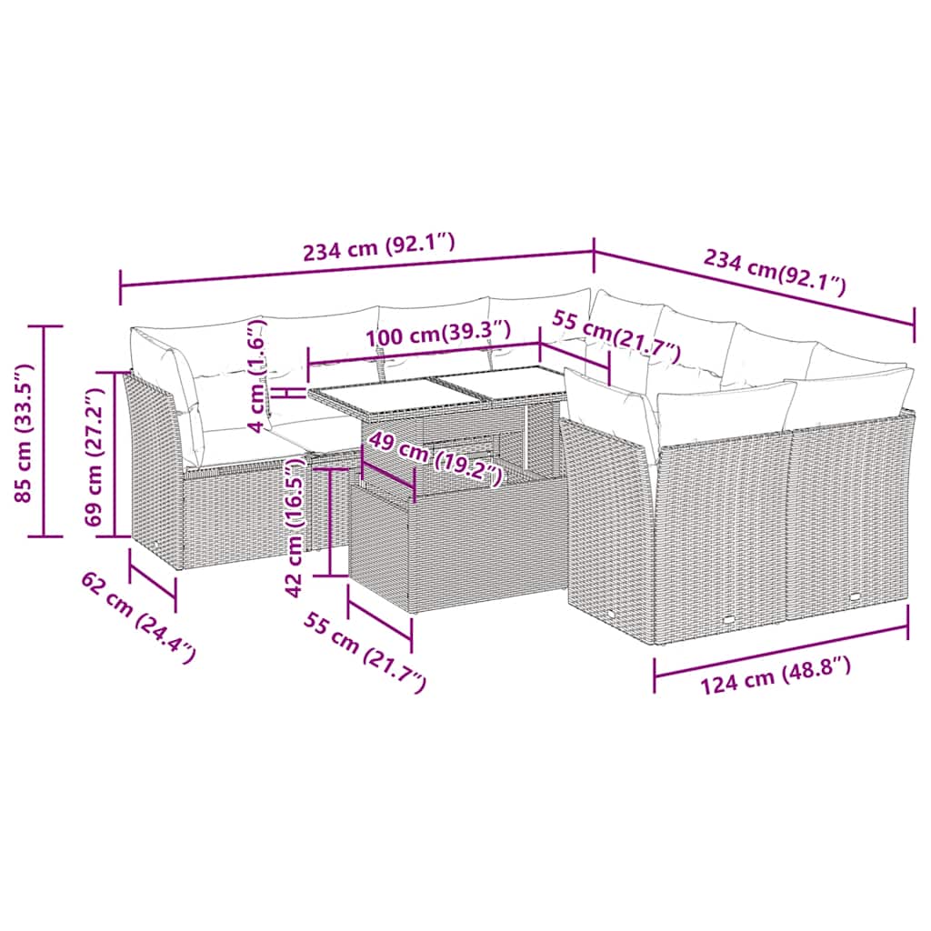 9-tlg. Garten-Sofagarnitur mit Kissen Braun Poly Rattan Akazie