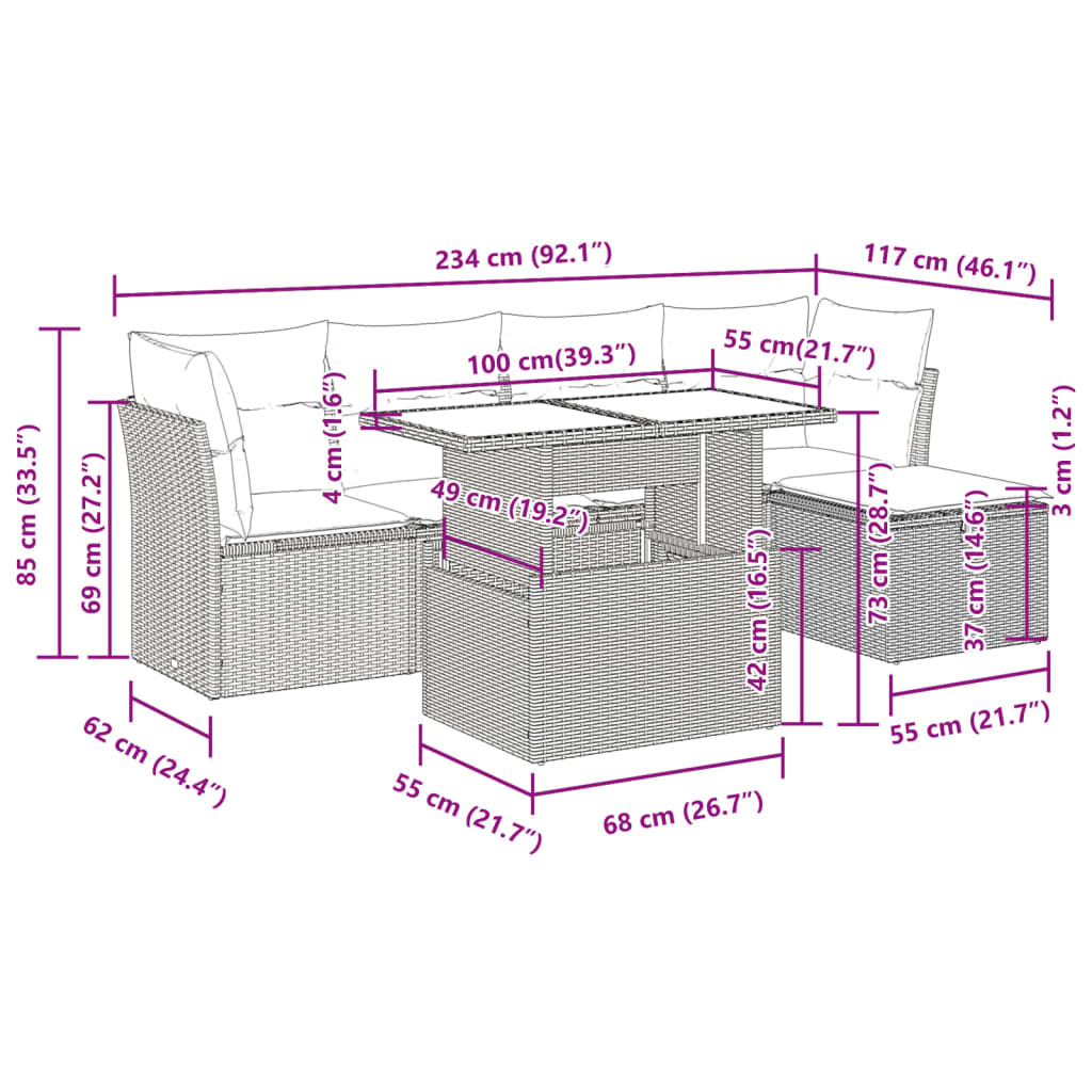 6-tlg. Garten-Sofagarnitur mit Kissen Schwarz Poly Rattan