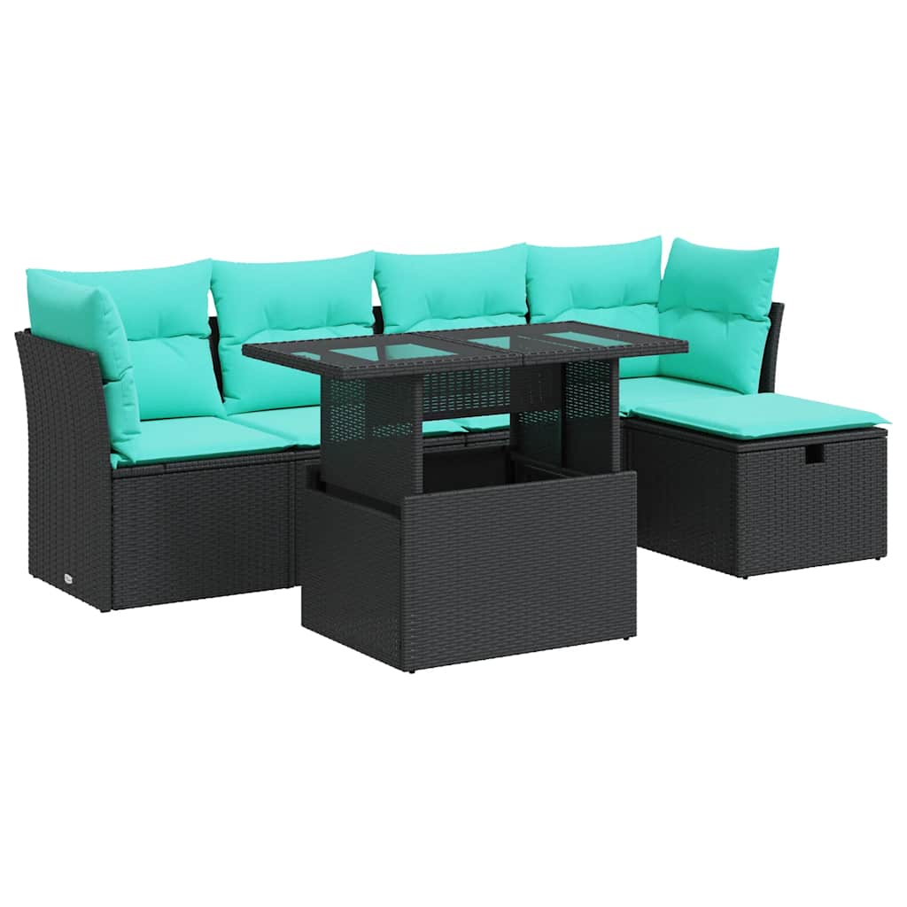 6-tlg. Garten-Sofagarnitur mit Kissen Schwarz Poly Rattan