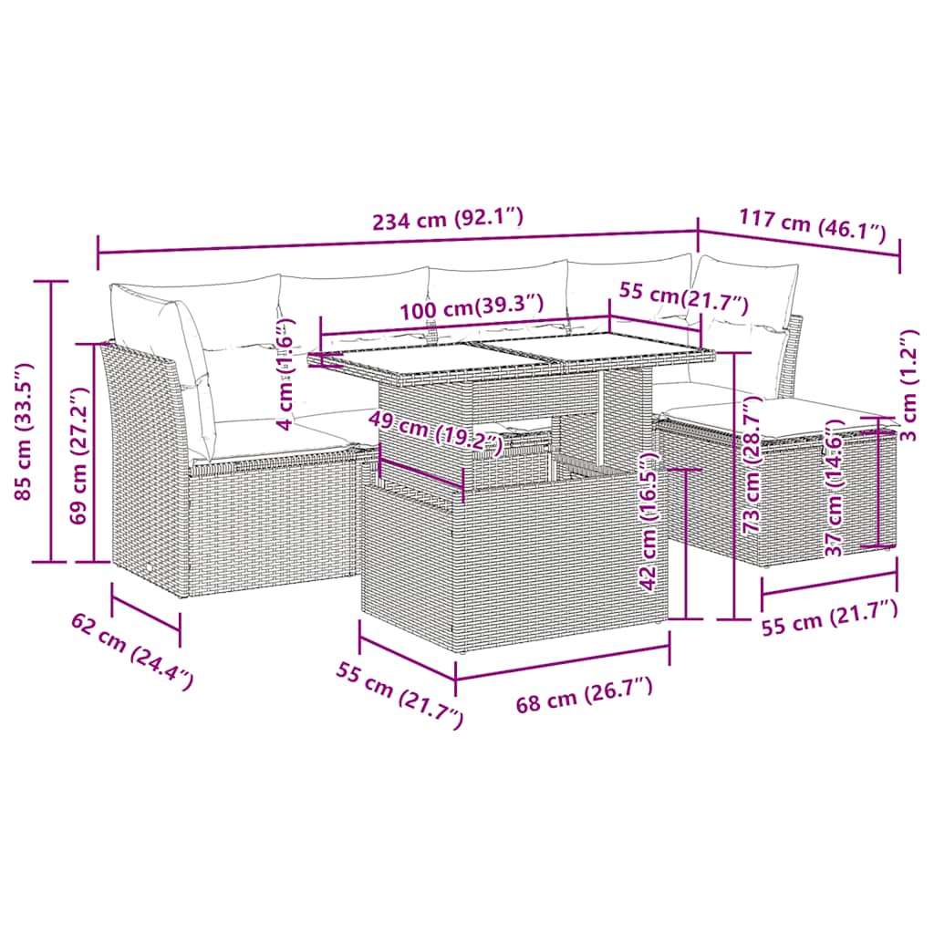6-tlg. Garten-Sofagarnitur mit Kissen Schwarz Poly Rattan