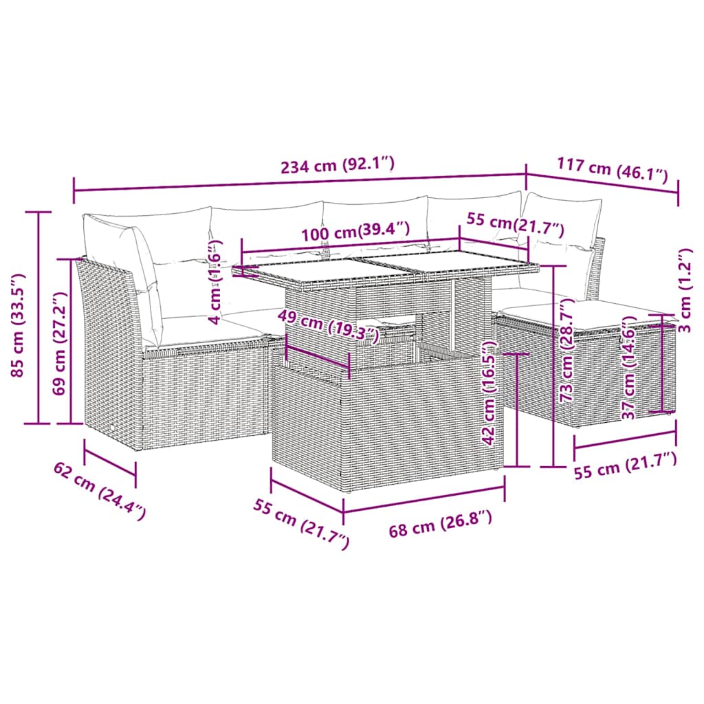 6-tlg. Garten-Sofagarnitur mit Kissen Beige Poly Rattan