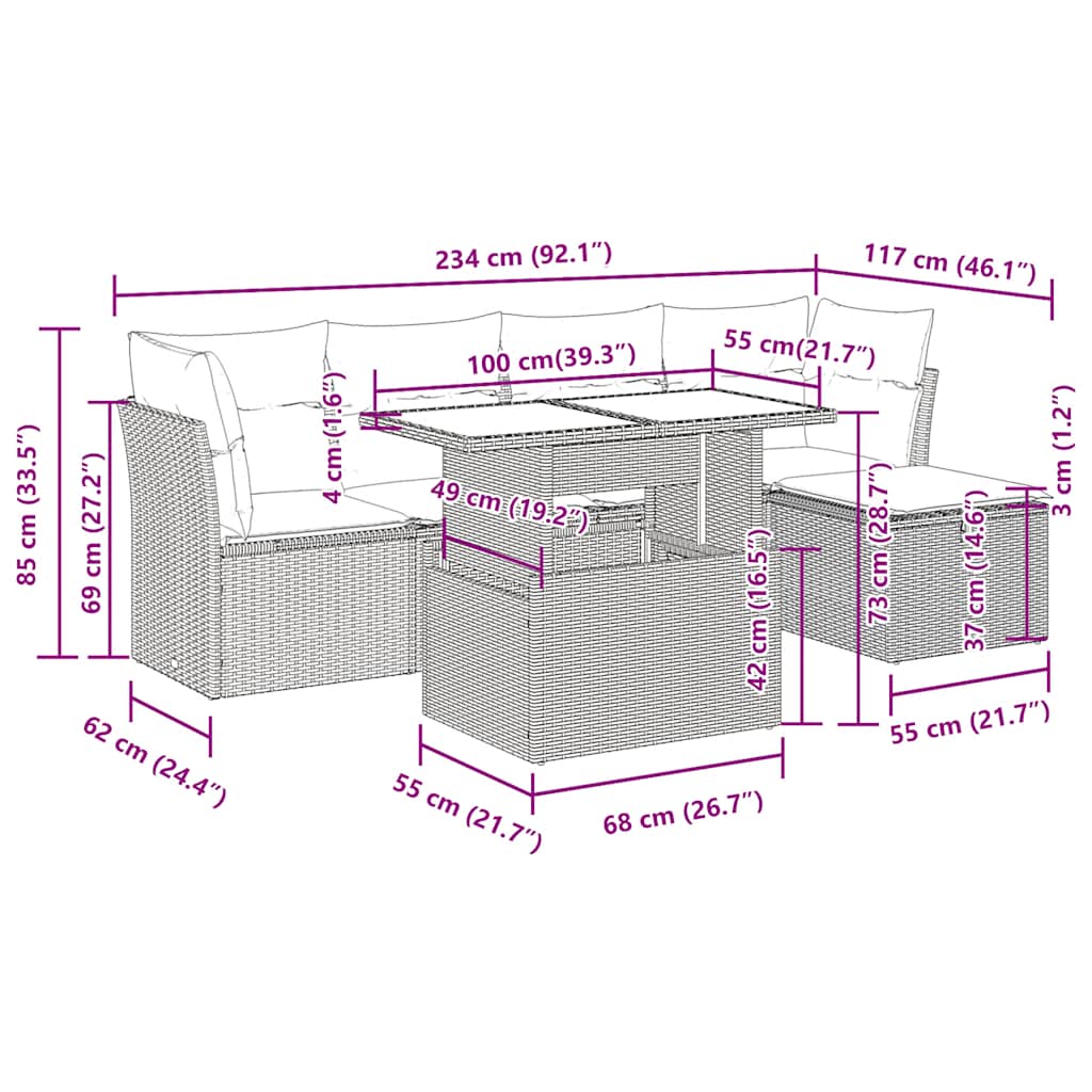 6-tlg. Garten-Sofagarnitur mit Kissen Braun Poly Rattan Akazie