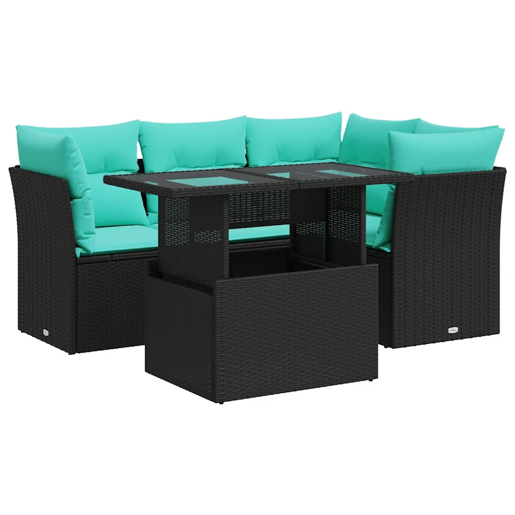 5tlg. Garten-Sofagarnitur mit Kissen Schwarz Poly Rattan Akazie