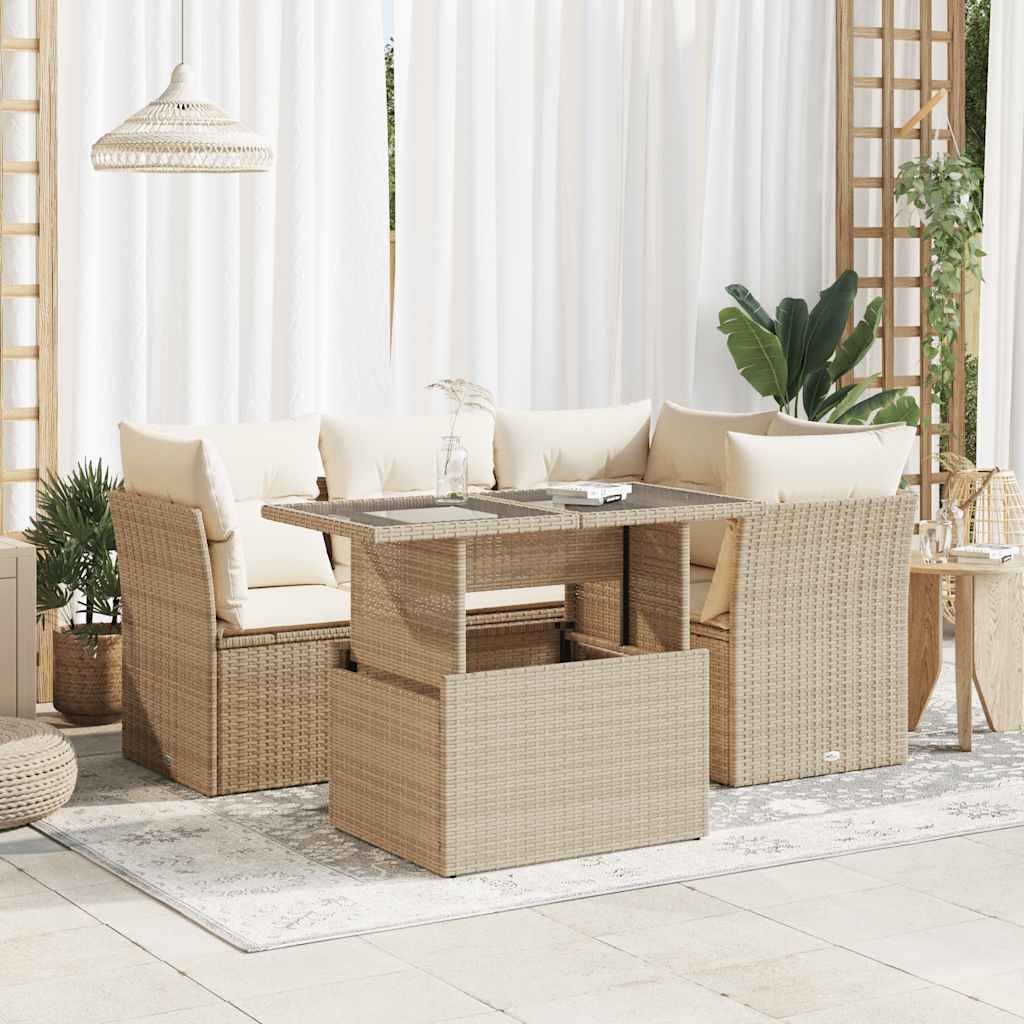 5-tlg. Garten-Sofagarnitur mit Kissen Beige Poly Rattan