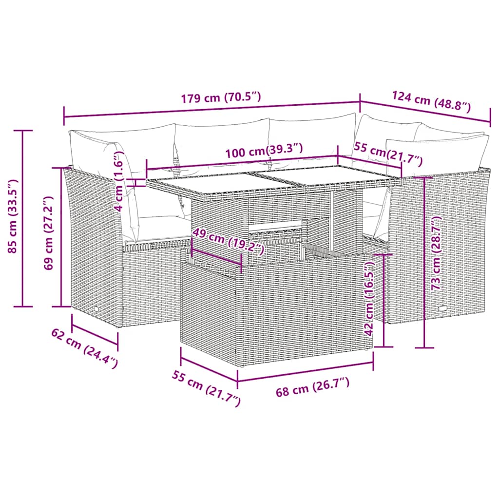 5-tlg. Garten-Sofagarnitur mit Kissen Braun Poly Rattan Akazie