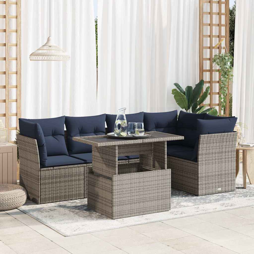 6-tlg. Garten-Sofagarnitur mit Kissen Grau Poly Rattan Akazie
