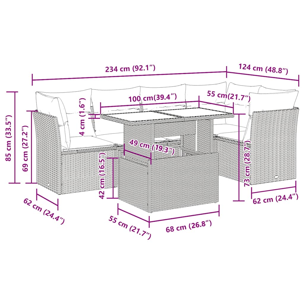 6-tlg. Garten-Sofagarnitur mit Kissen Braun Poly Rattan