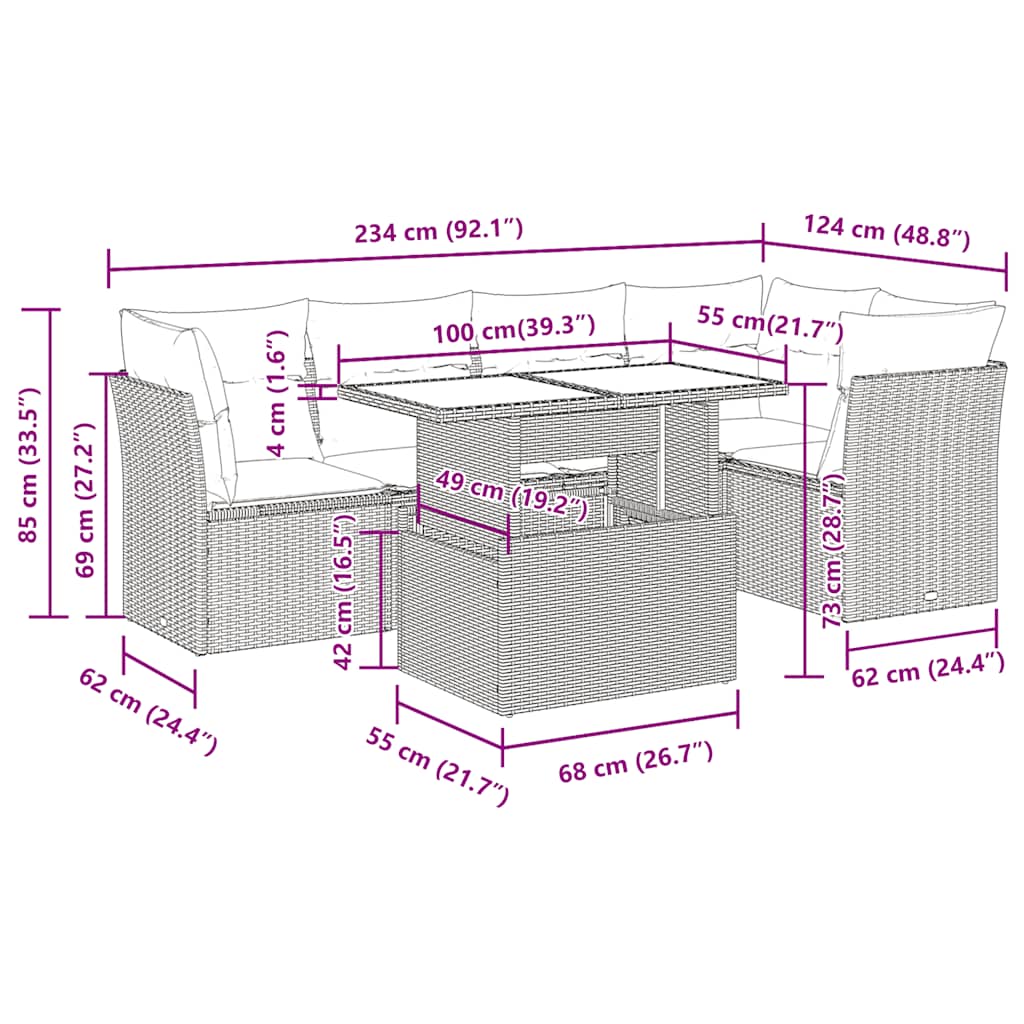 6-tlg. Garten-Sofagarnitur mit Kissen Braun Poly Rattan Akazie