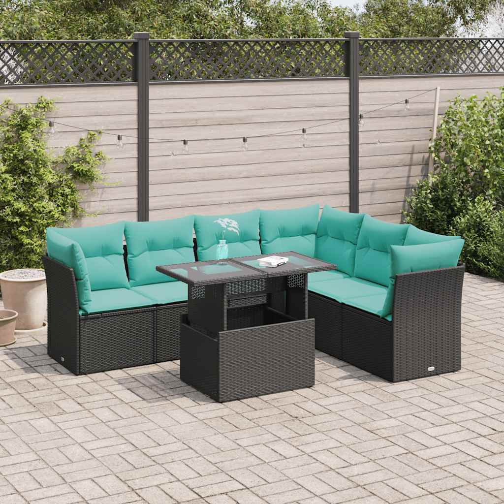 7-tlg. Garten-Sofagarnitur mit Kissen Schwarz Poly Rattan Akazie