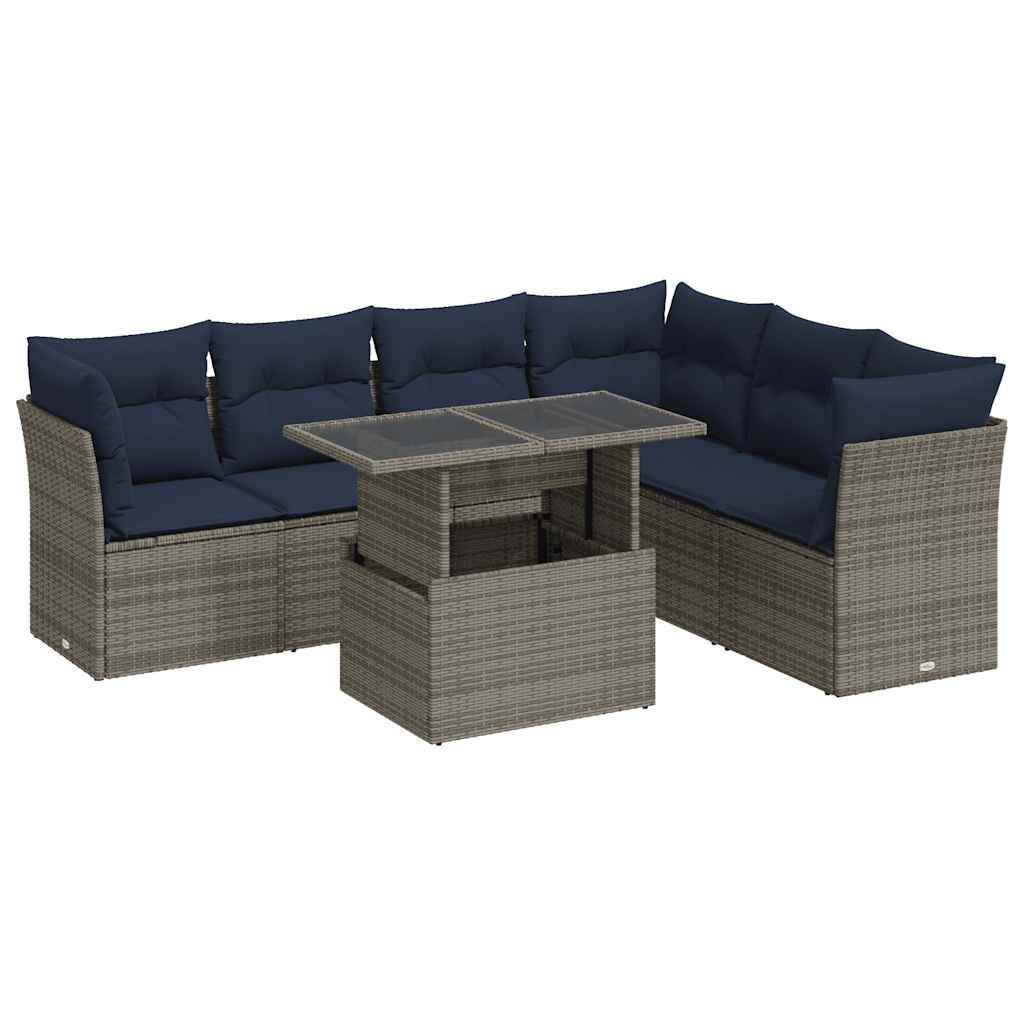 7-tlg. Garten-Sofagarnitur mit Kissen Schwarz Poly Rattan