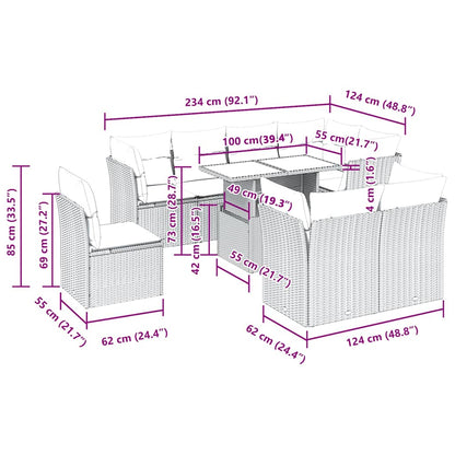 9-tlg. Garten-Sofagarnitur mit Kissen Grau Poly Rattan
