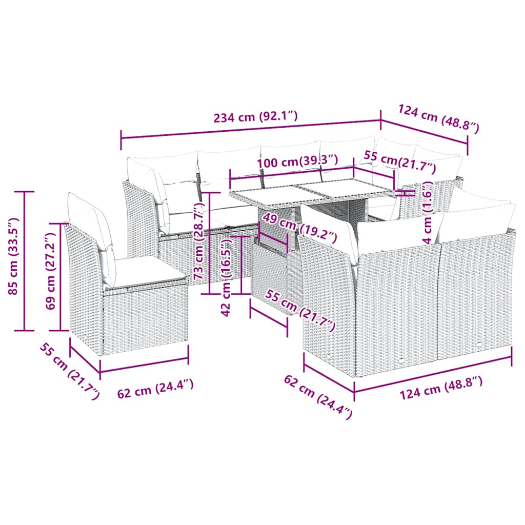 9-tlg. Garten-Sofagarnitur mit Kissen Grau Poly Rattan Akazie