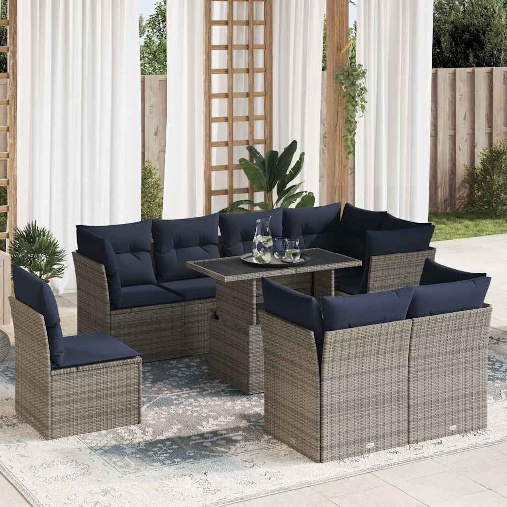 9-tlg. Garten-Sofagarnitur mit Kissen Grau Poly Rattan Akazie