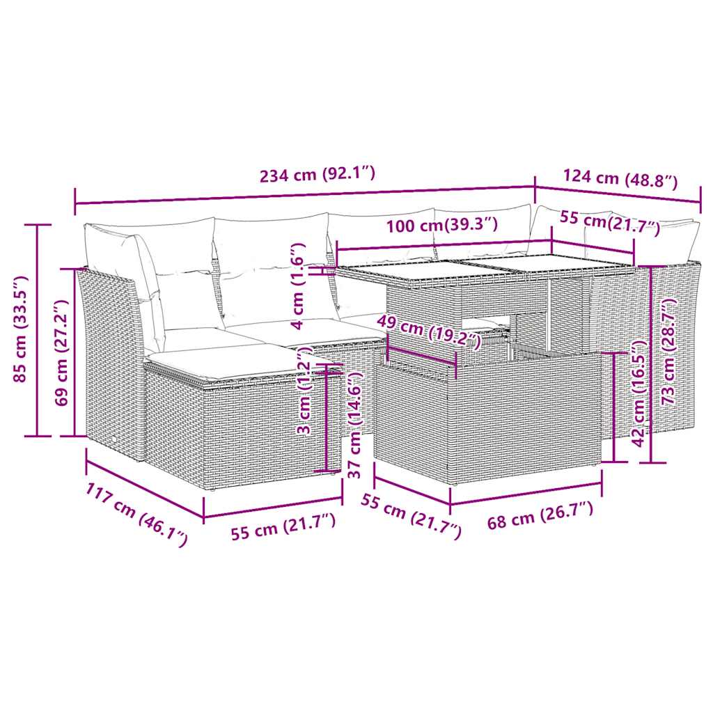 7-tlg. Garten-Sofagarnitur mit Kissen Schwarz Poly Rattan